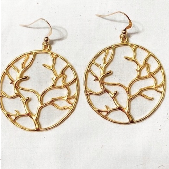 Gold Round Earrings Tree of Life Cut out Branch - Picture 3 of 3